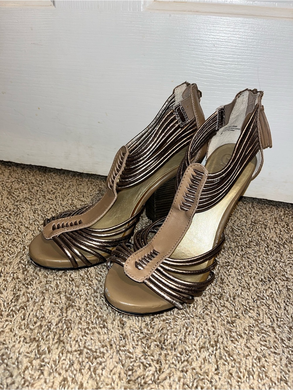 Seychelles Brown and Metallic Bronze Strappy High Heels